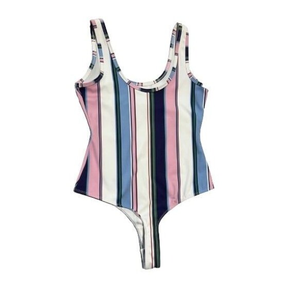 Guess logo Women's striped White/Pink scoop back thong Bodysuit snap closure EUC - Picture 9 of 11